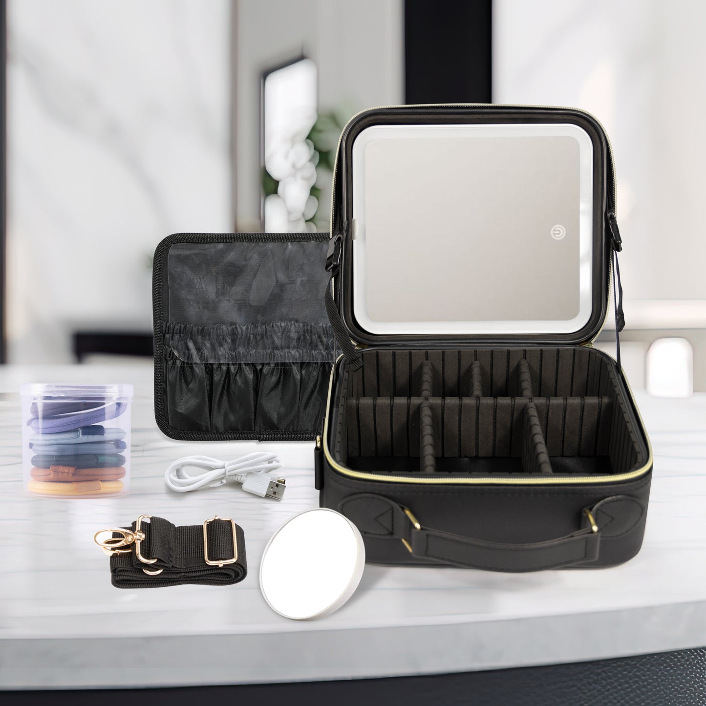 Luxe makeup organiser case with led mirror-BLACK