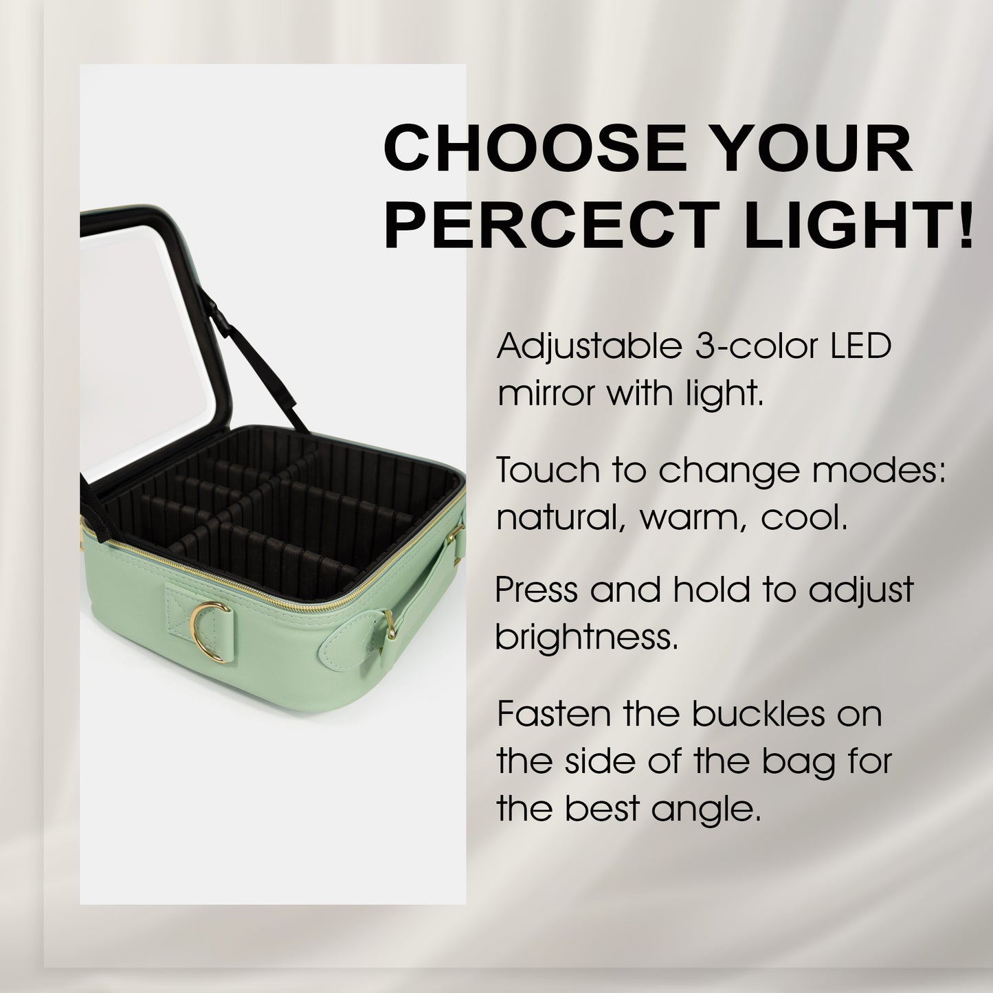 Luxe makeup organiser bag with led mirror-MINT GREEN
