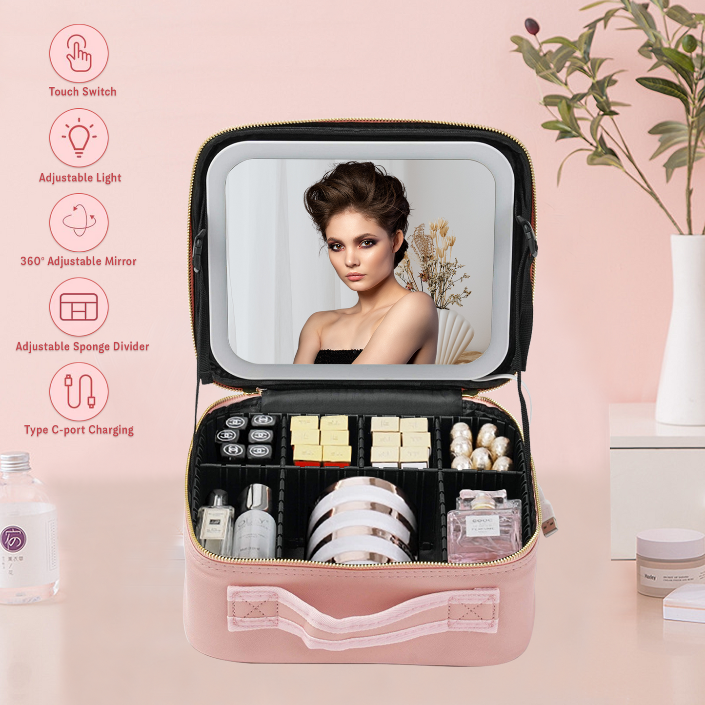 Travel Makeup Organiser Bag With Led Mirror- Pink