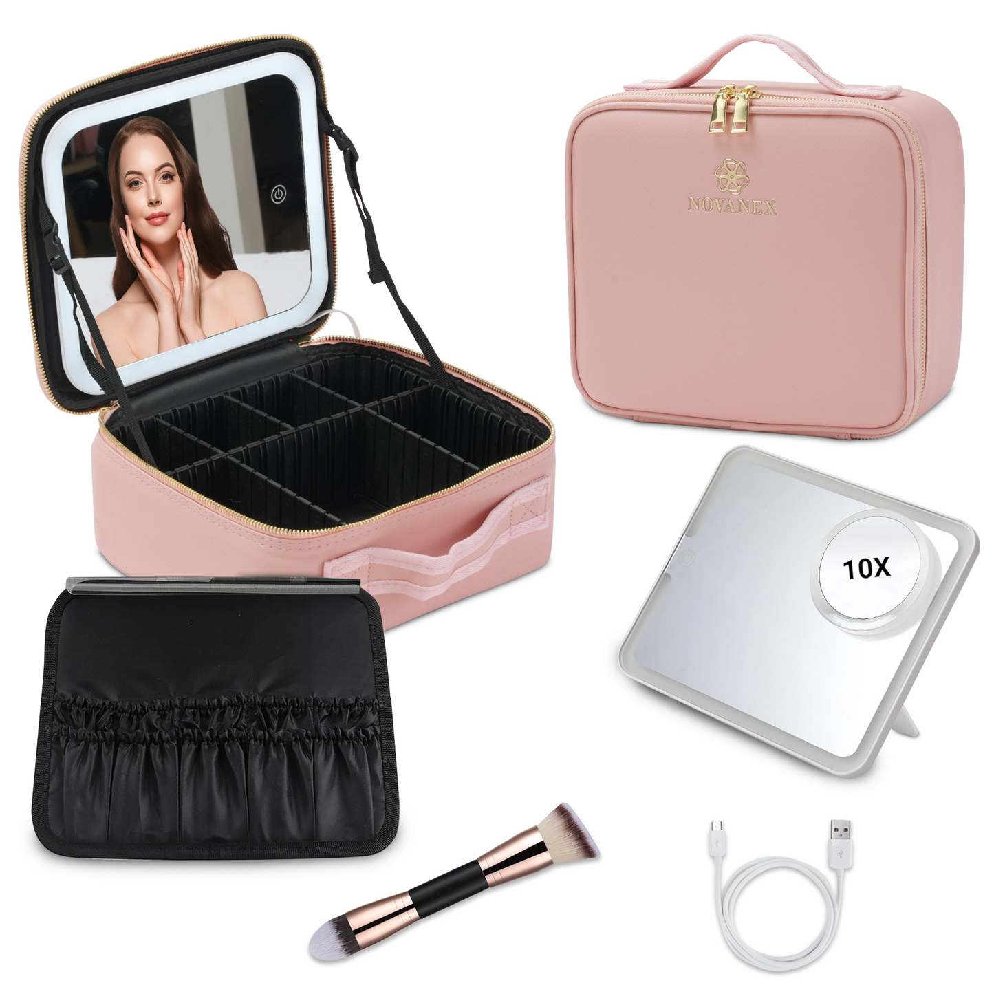 Travel Makeup Organiser Bag With Led Mirror- Pink