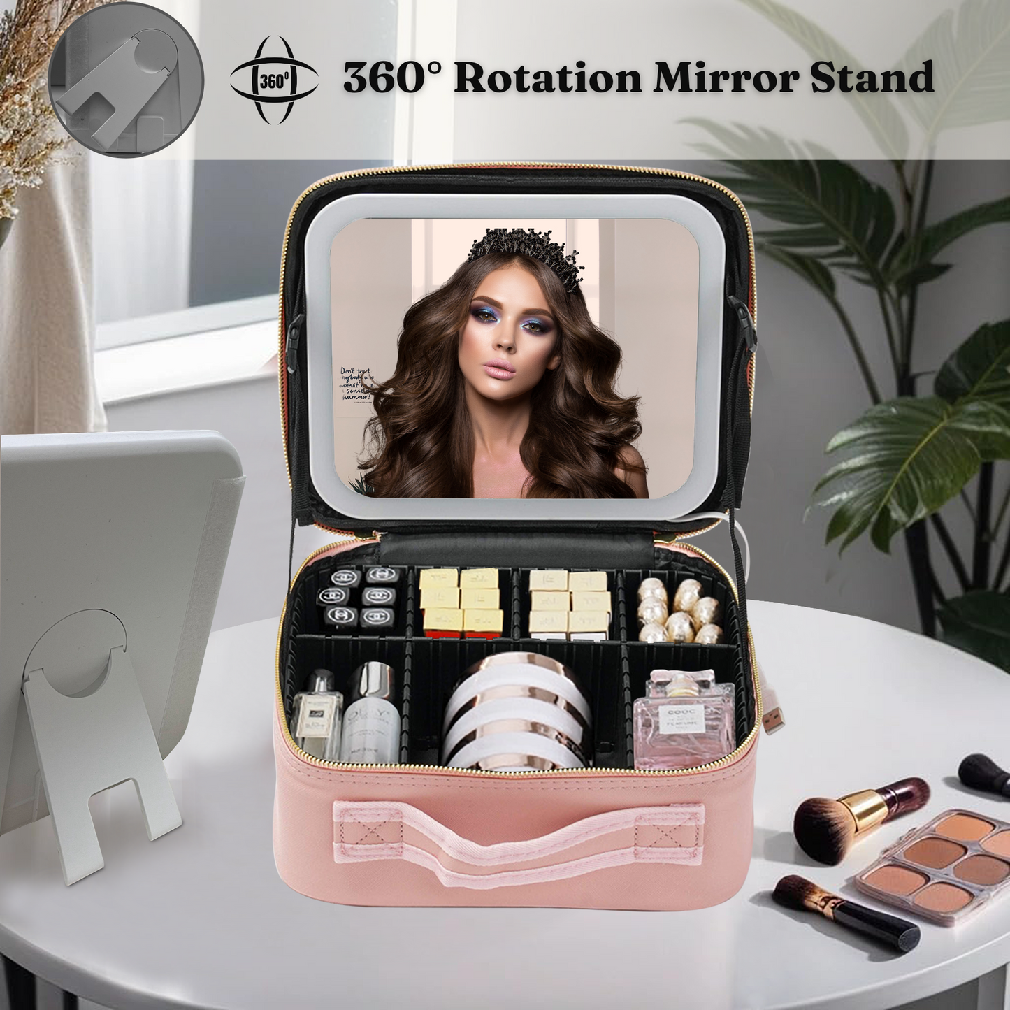 Travel Makeup Organiser Bag With Led Mirror- Pink
