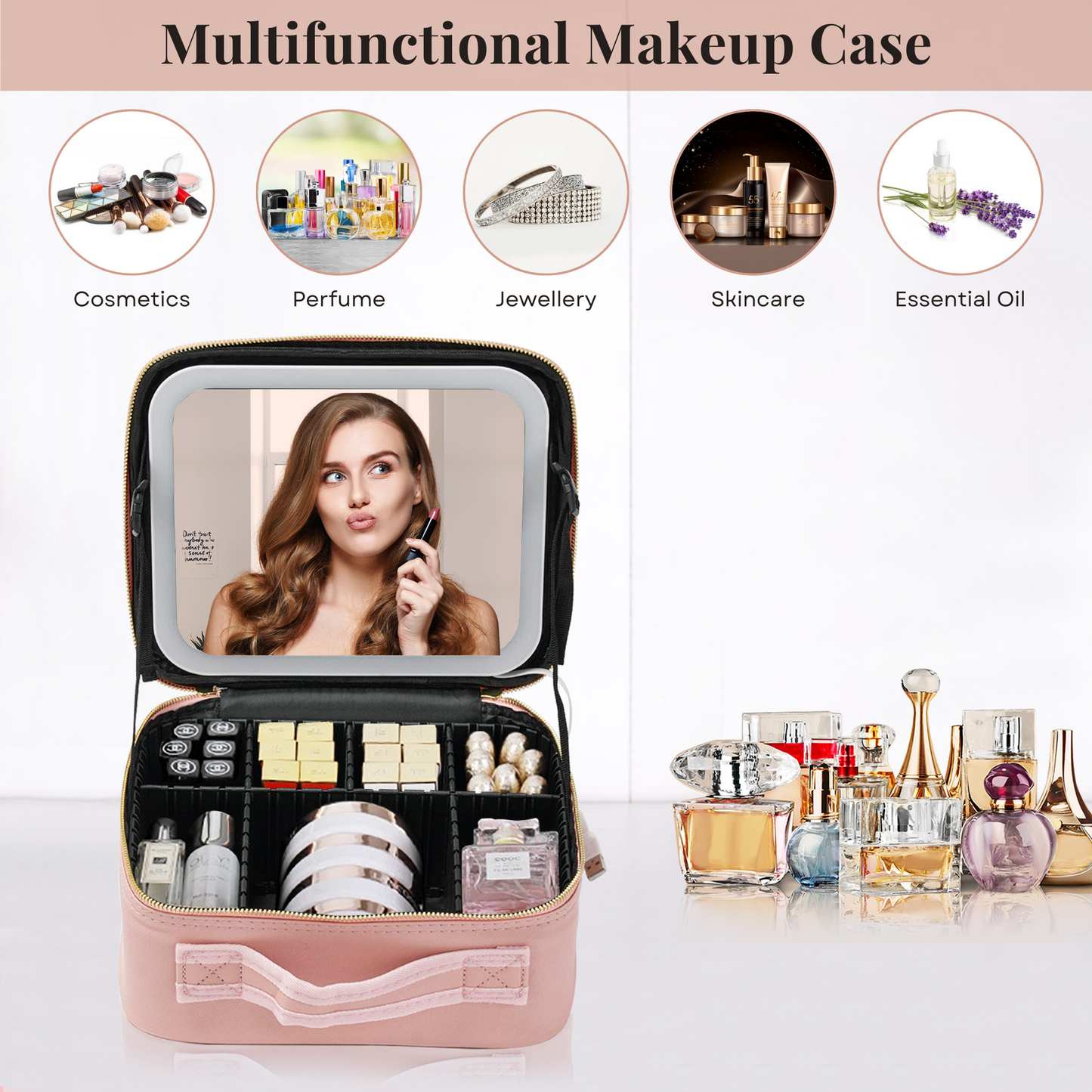 Travel Makeup Organiser Bag With Led Mirror- Pink