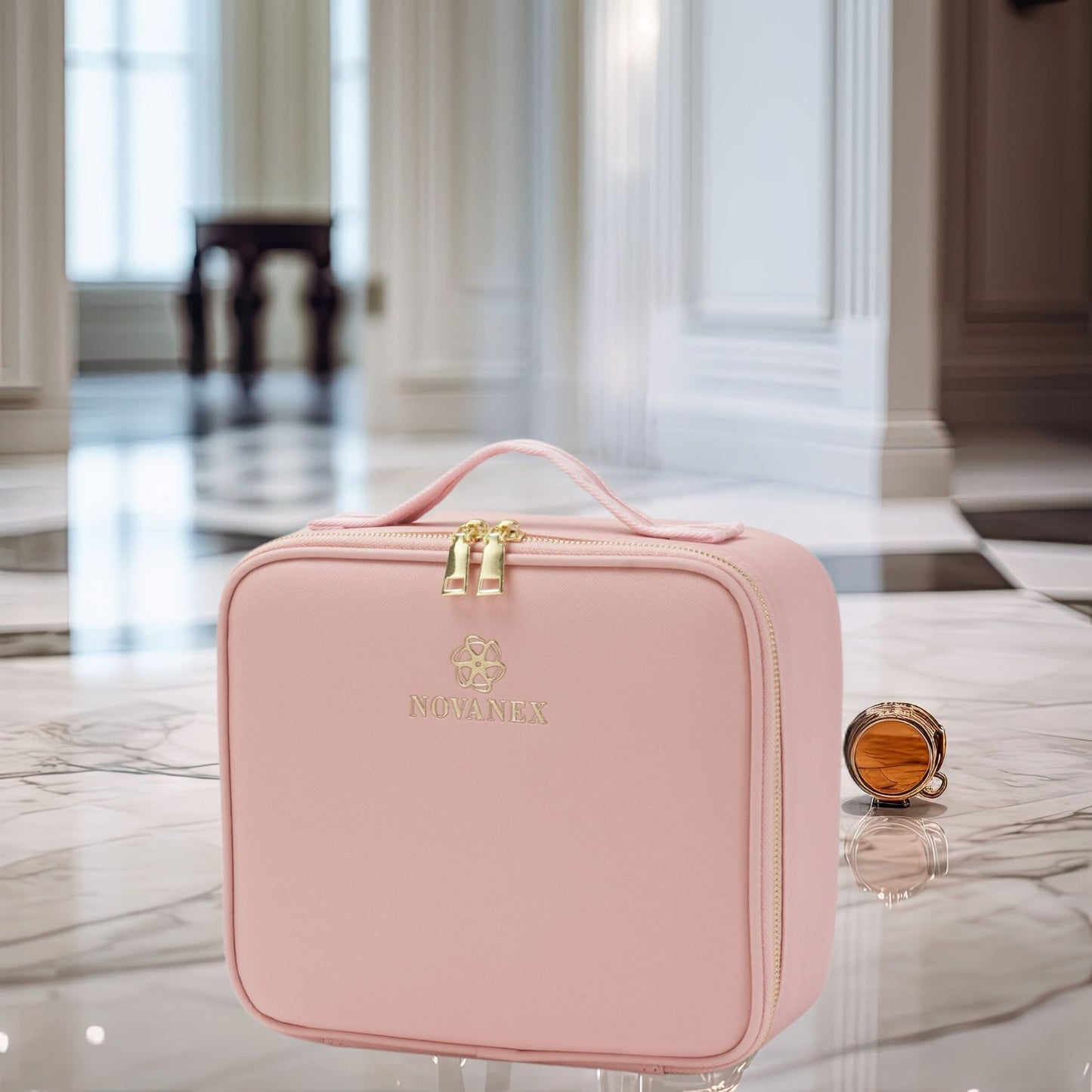 Travel Makeup Organiser Bag With Led Mirror- Pink