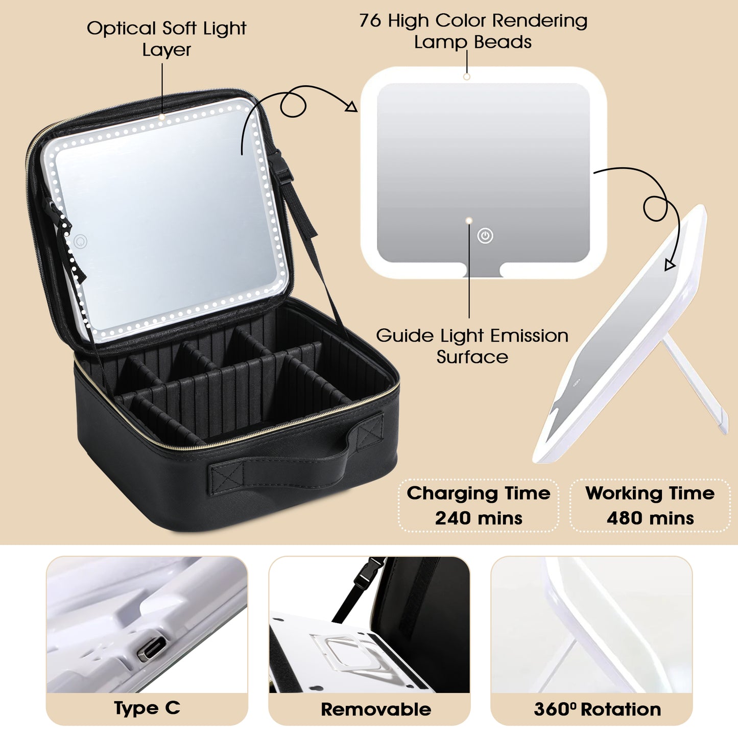 Travel Makeup Case With Led Mirror -Black