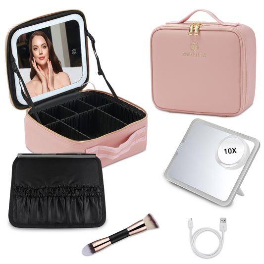 Travel Makeup Organiser Bag  With Led Mirror- Pink