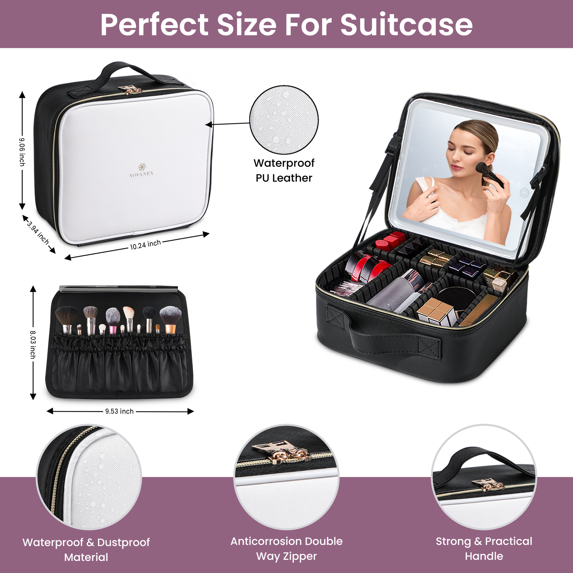 best travel makeup bag with lighted mirror Travel Makeup Case With LED mirror -White – NOVANEX- Better Living With Novanex