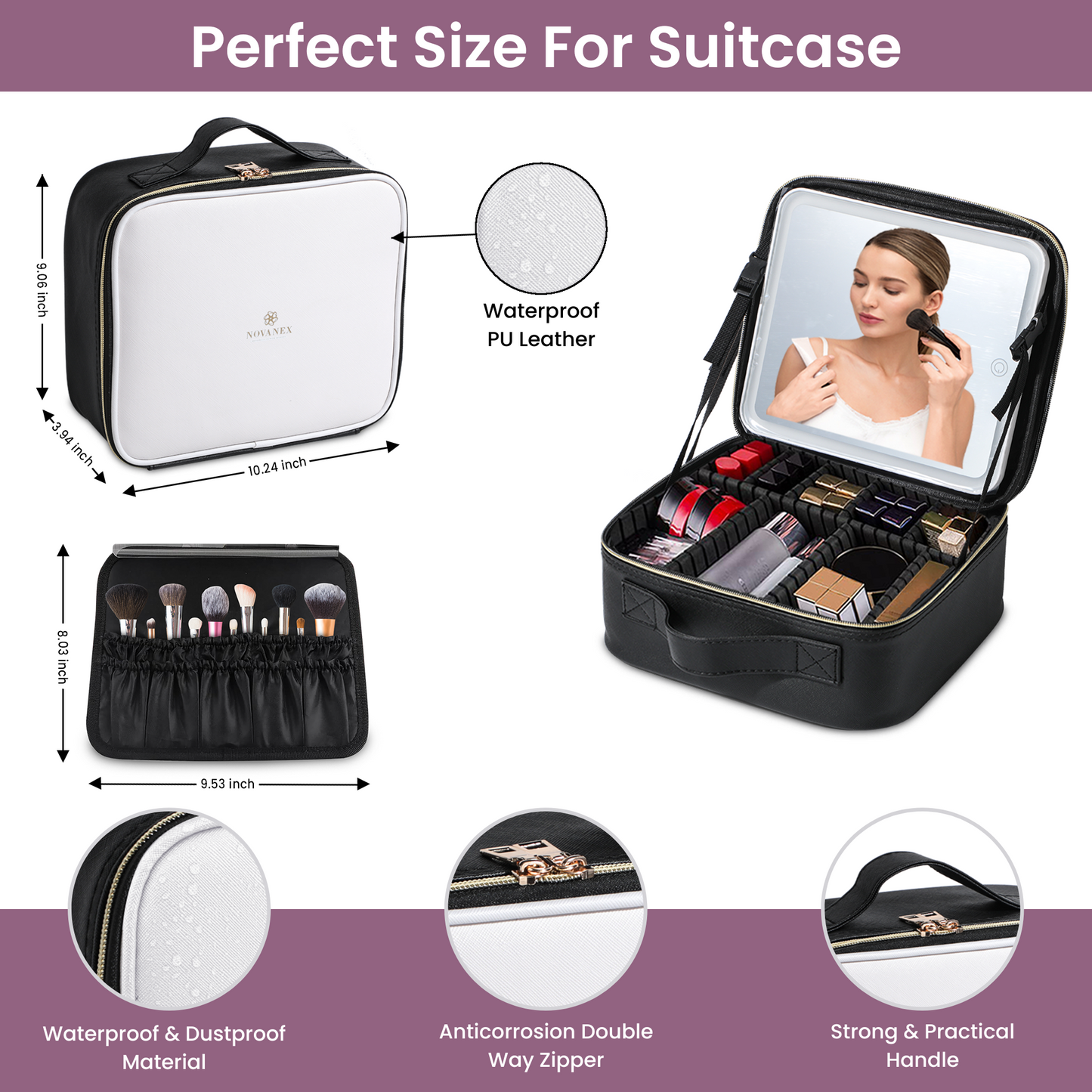 Travel Makeup Case With LED mirror -White