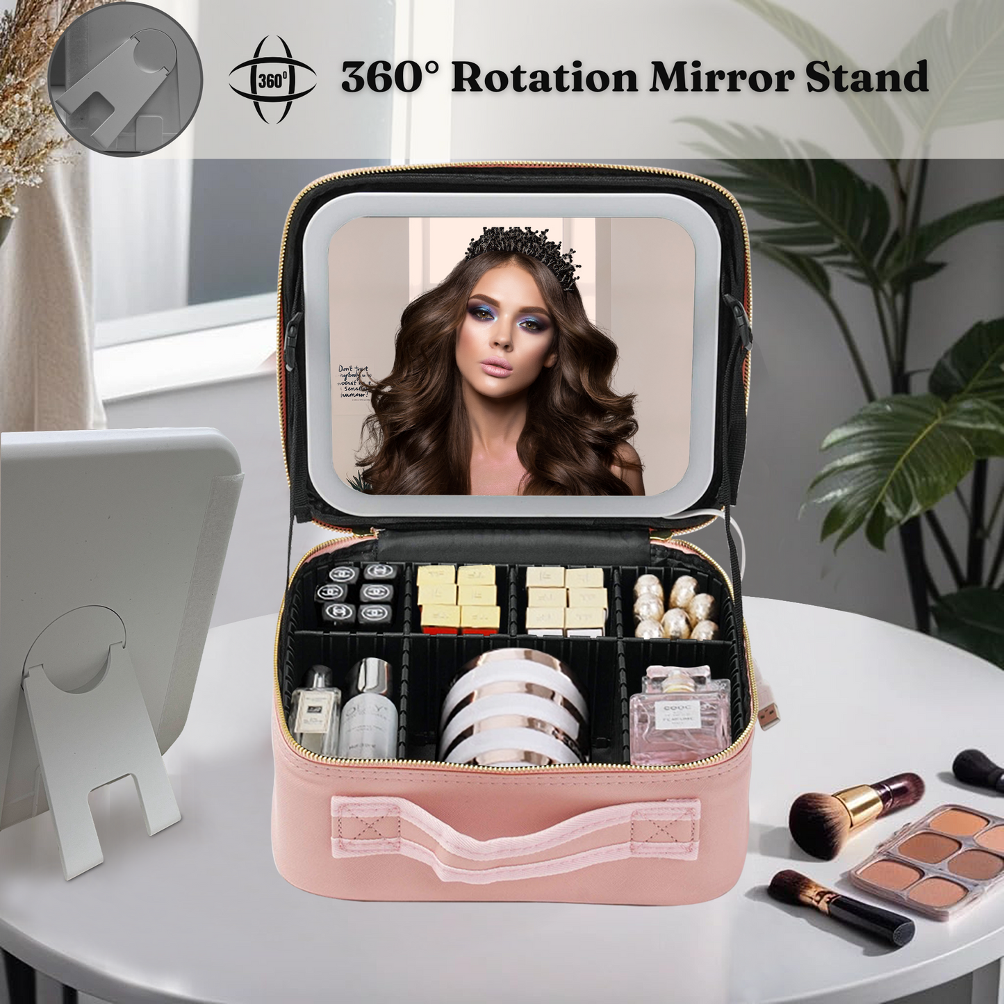 Travel Makeup Organiser Bag  With Led Mirror- Pink